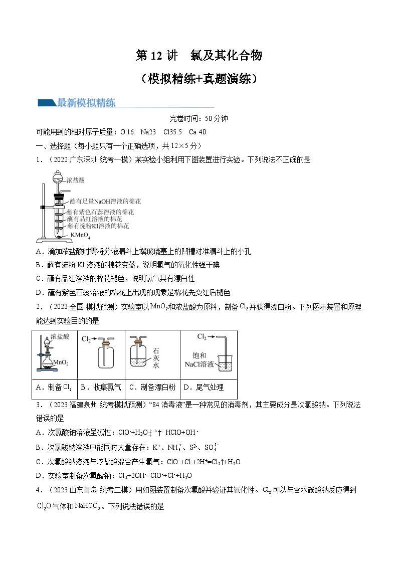 新高考化学复习讲义+练习 第12讲 氯及其化合物（讲义+练习）（原卷版）01