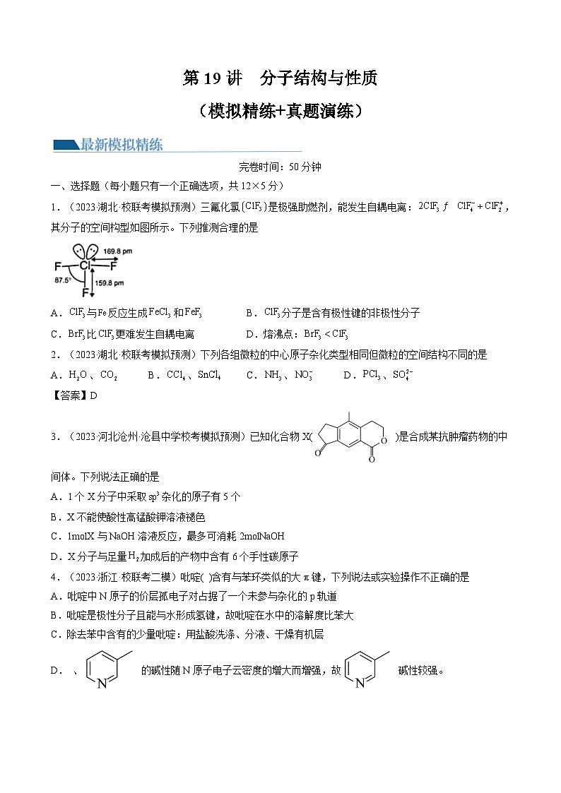 新高考化学复习讲义+练习+练习 第19讲 分子结构与性质（讲义）（原卷版+解析）01