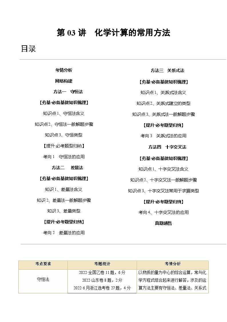 新高考化学复习讲义+练习 第03讲 化学计算的常用方法（讲义）（原卷版+解析）第1页