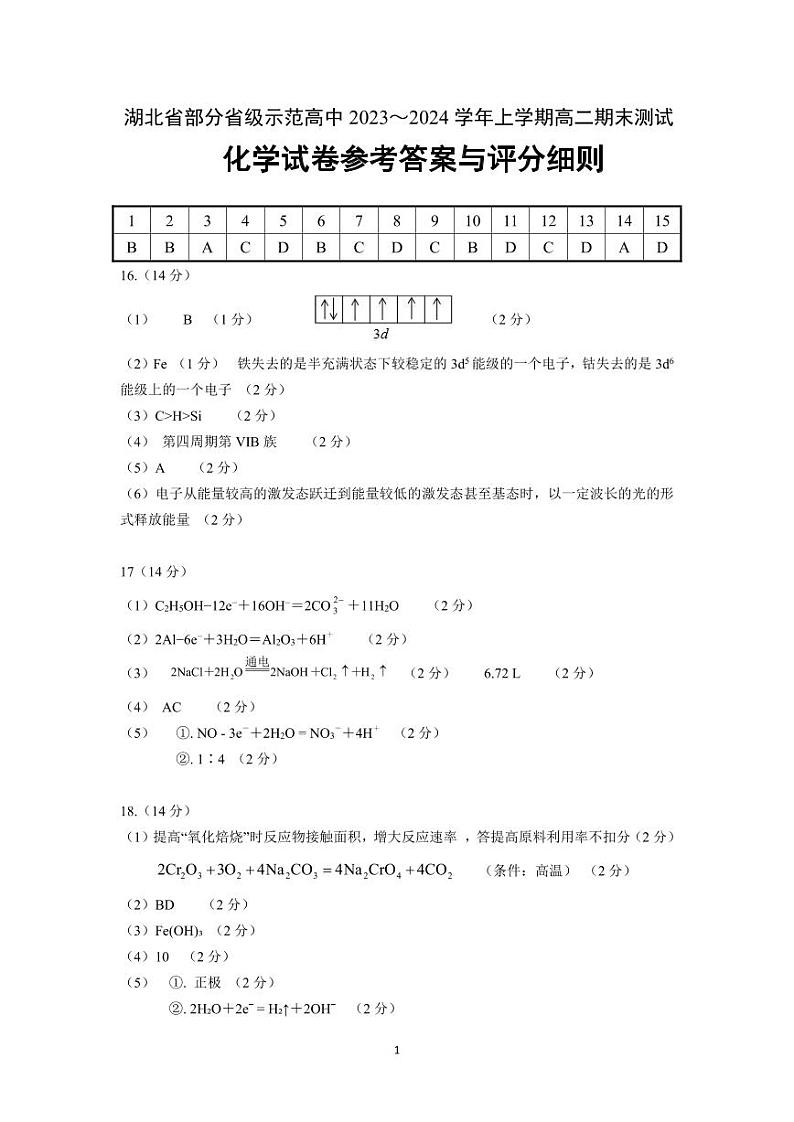 2024湖北省部分省级示范高中高二上学期期末考试化学试题PDF版含答案01