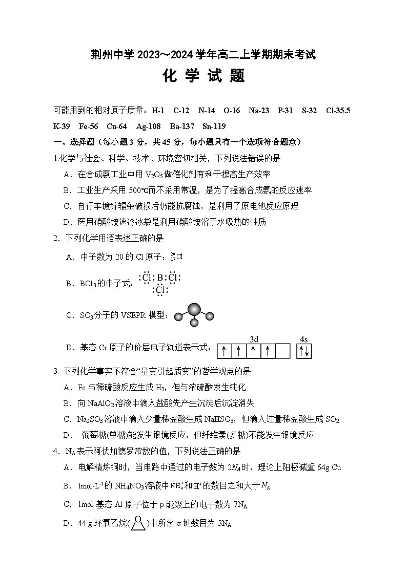 2024荆州中学高二上学期期末考试化学含答案01