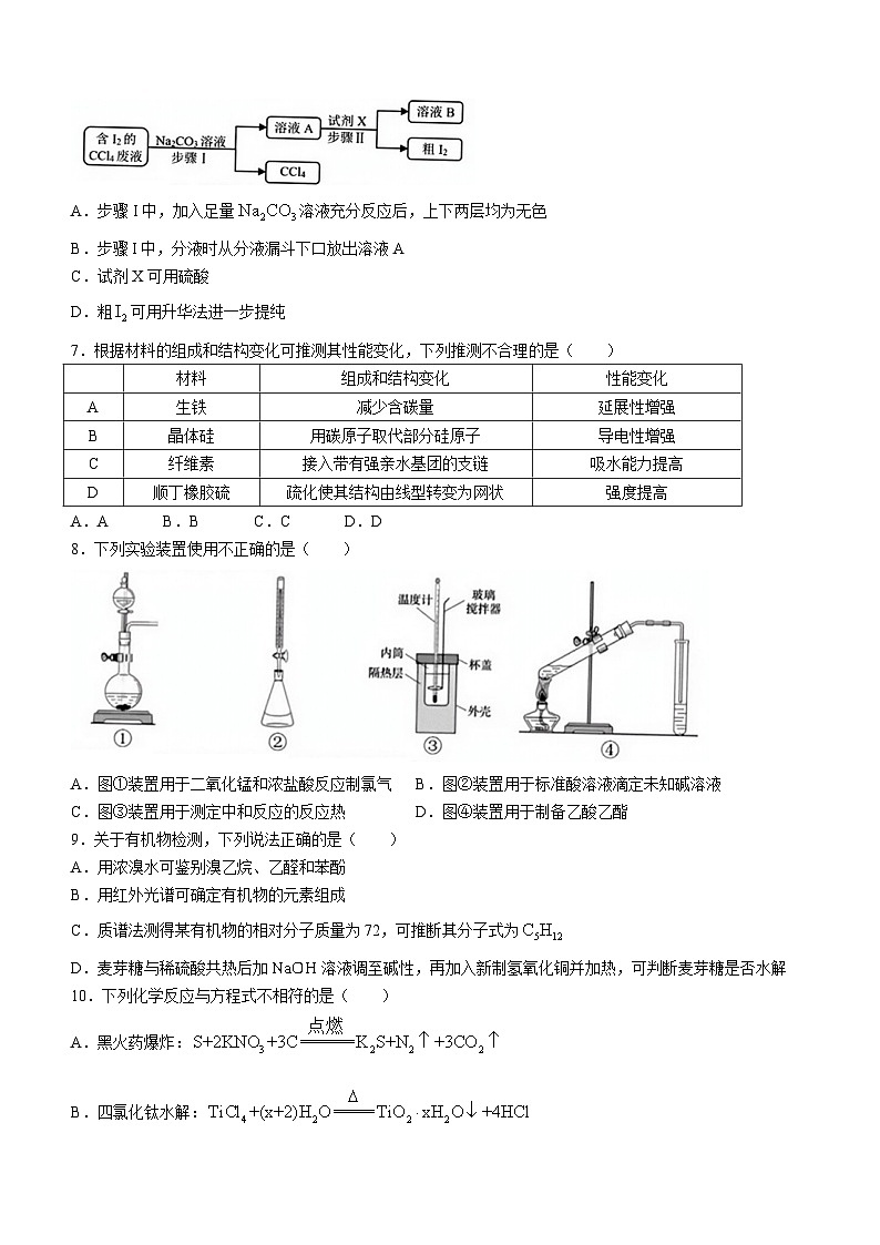 2024年浙江高考真题化学（1月）(无答案)02