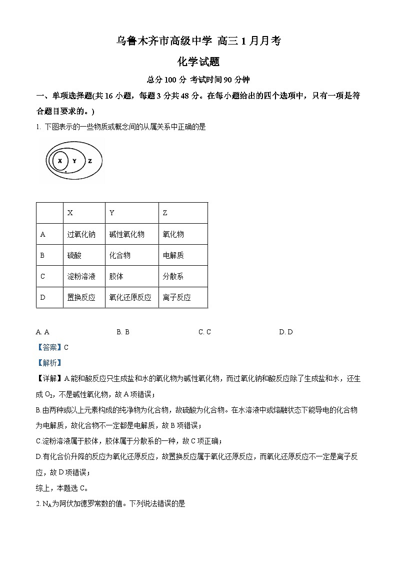 新疆乌鲁木齐市高级中学2023-2024学年高三上学期1月月考化学试题（原卷版）01