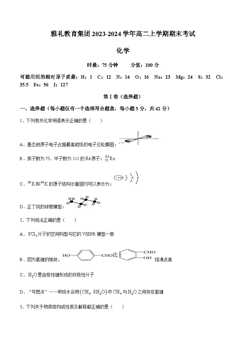 湖南省长沙市雅礼教育集团2023-2024学年高二上学期期末考试化学试题（含解析）01