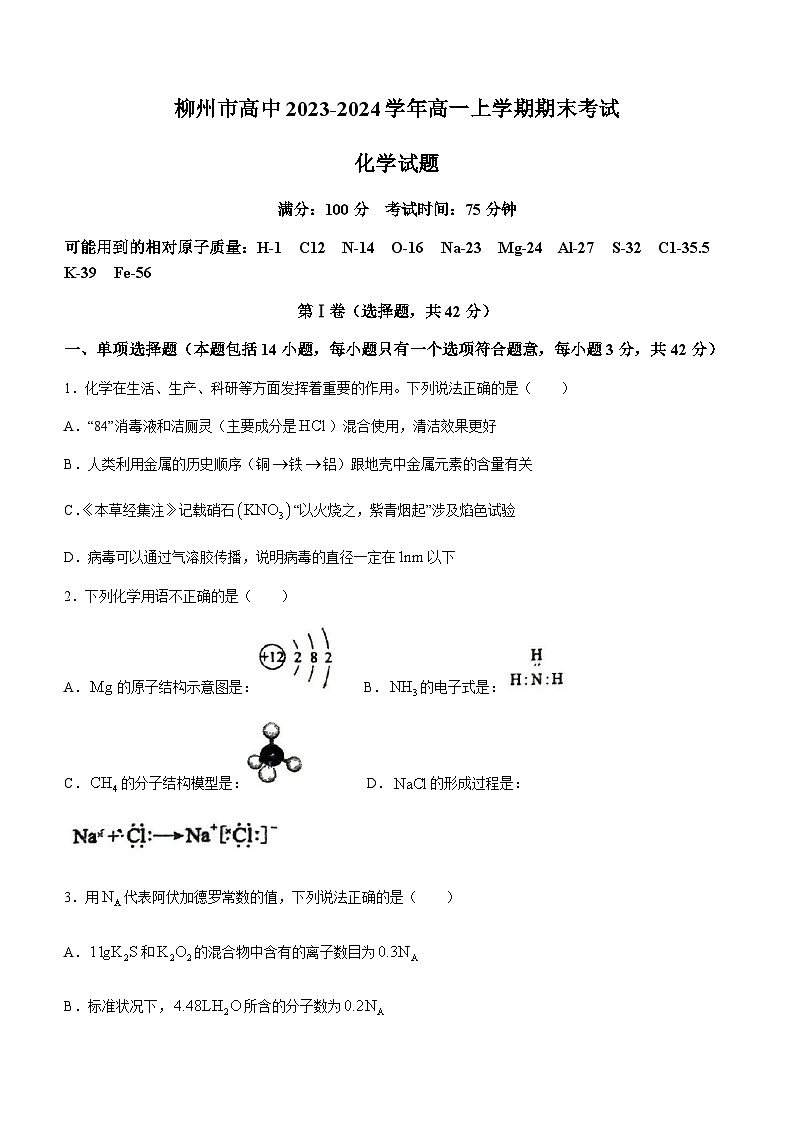 广西柳州市高中2023-2024学年高一上学期期末考试化学试题（含答案）第1页