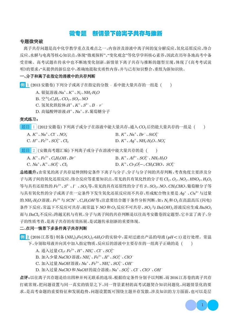 微专题 新情景下的离子共存与推断-（学生版）第1页