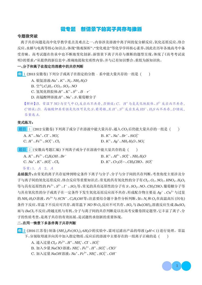 微专题 新情景下的离子共存与推断-（解析版）第1页