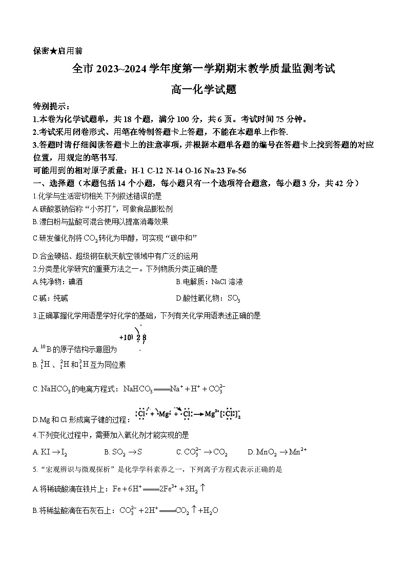 贵州省安顺市2023-2024学年高一上学期期末考试化学试题01