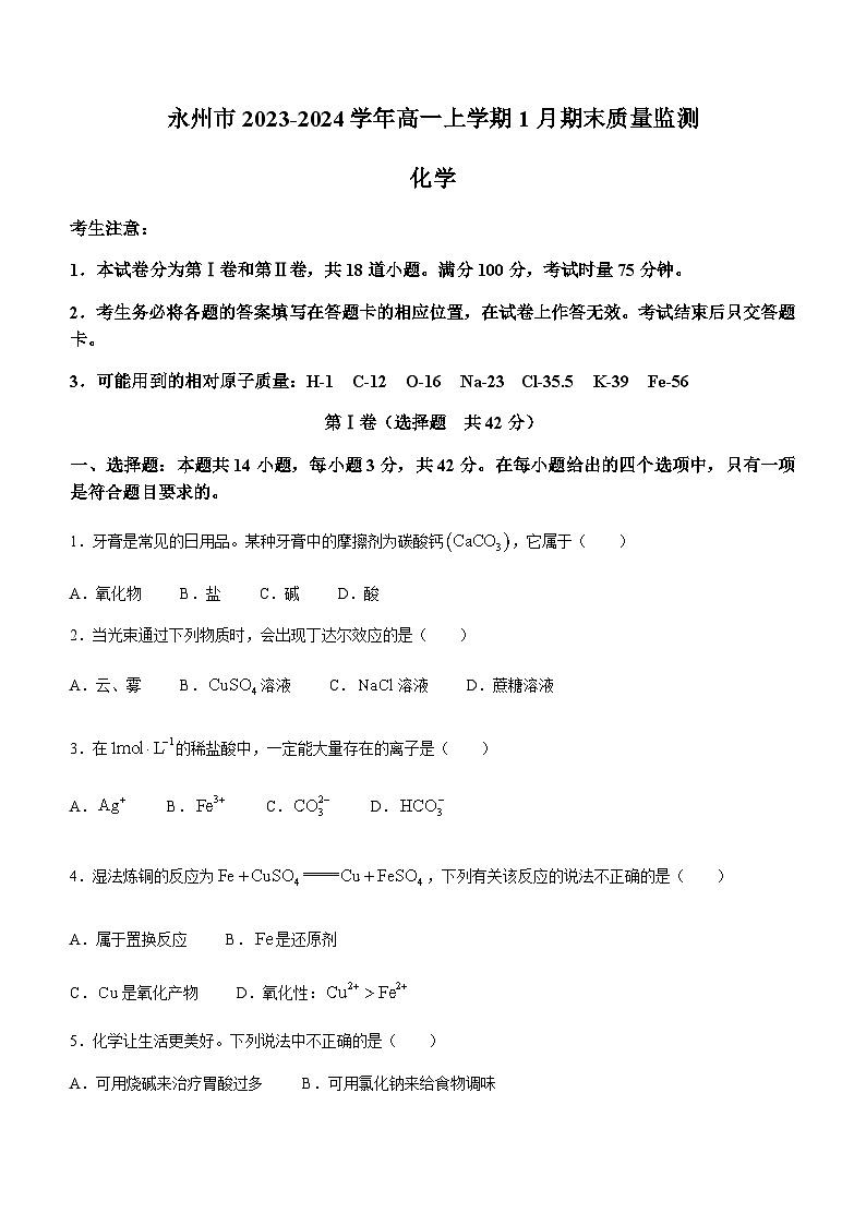 湖南省永州市2023-2024学年高一上学期1月期末质量监测化学试题（含答案）第1页