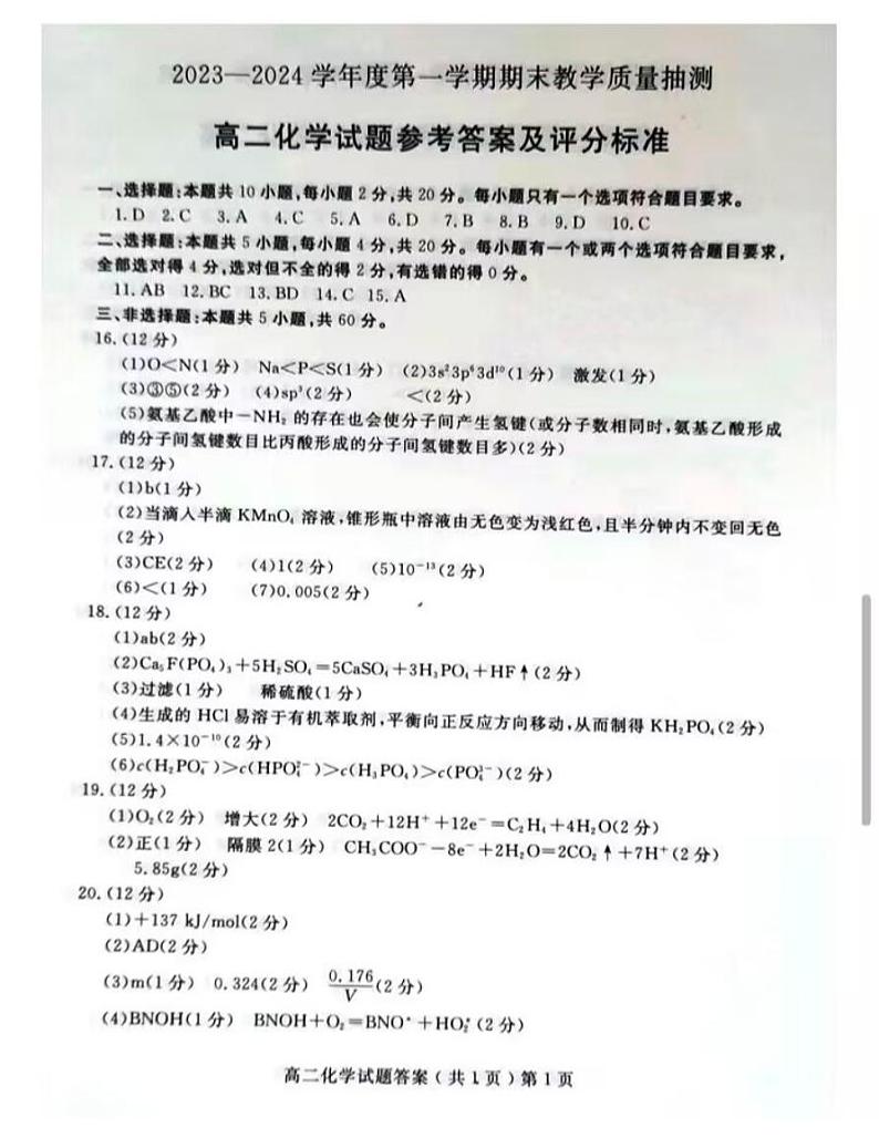 山东省聊城市2023-2024学年高二上学期1月期末教学质量抽测化学试题（PDF版含答案）01