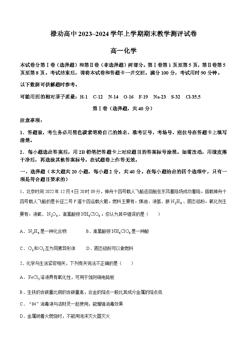 云南省昆明市禄劝高中2023-2024学年高一上学期期末教学测评化学试题（含答案）01