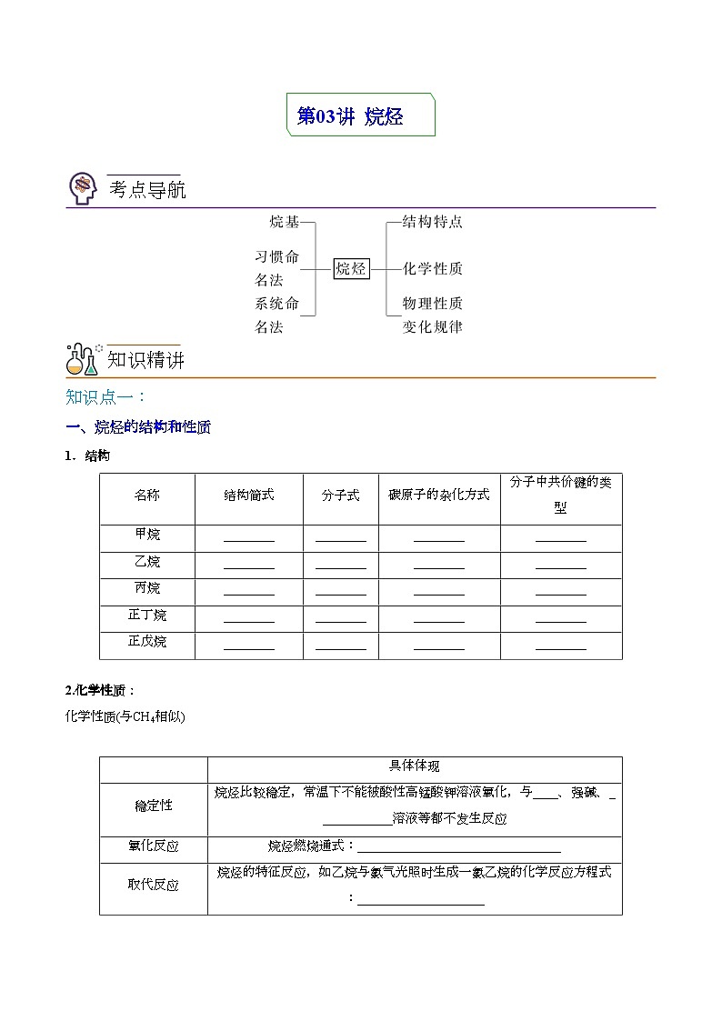 人教版（2019）高中化学 选修3 精品讲义 第03讲 烷烃01
