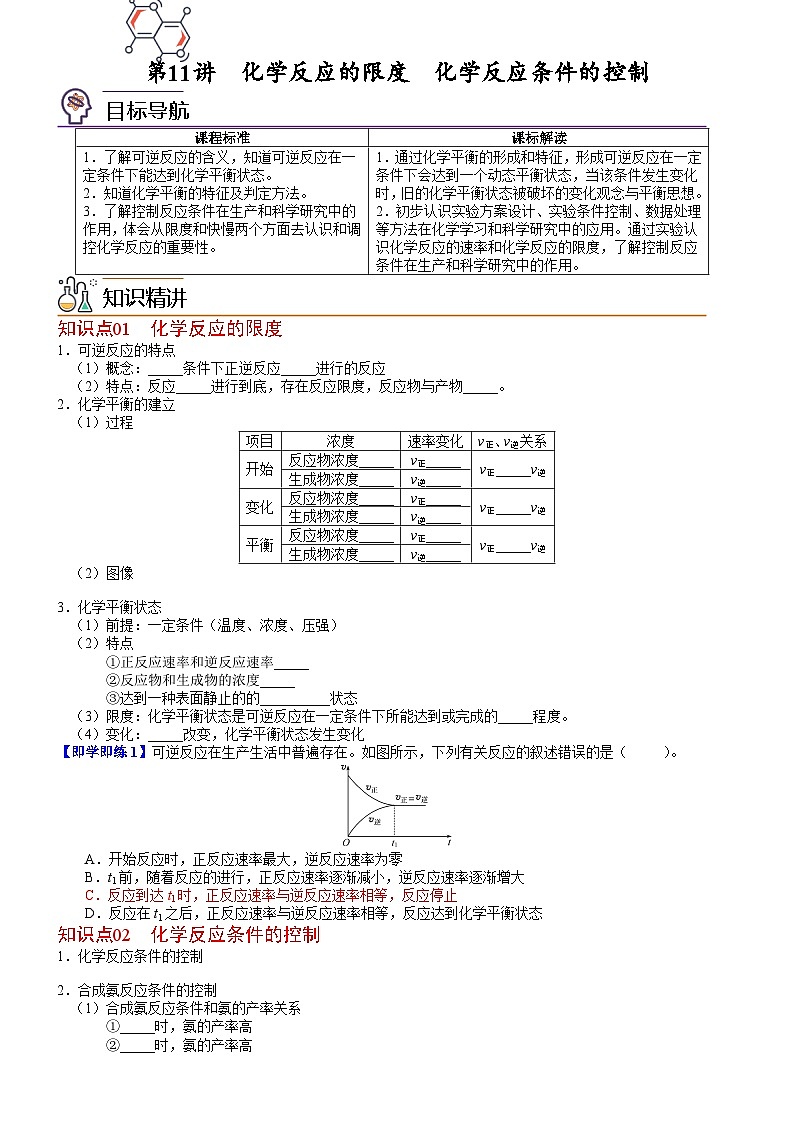 人教版2019 高中化学 必修2 同步讲义第11讲 化学反应的限度　化学反应条件的控制01
