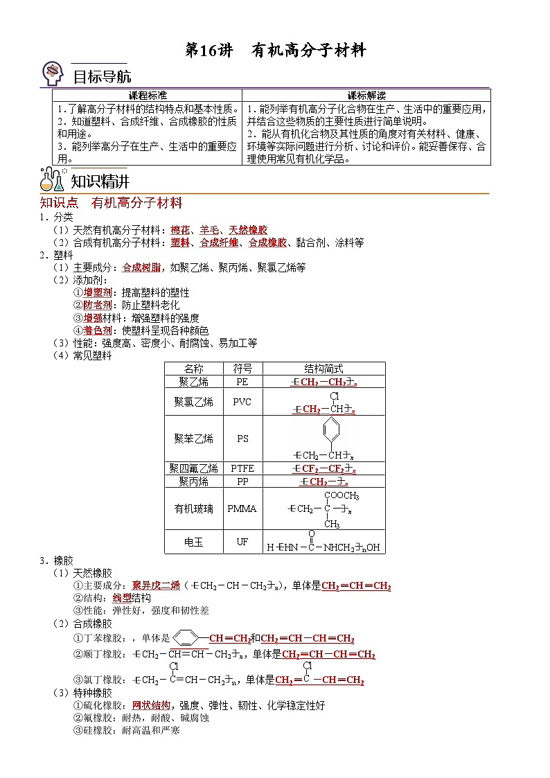 人教版2019 高中化学 必修2 同步讲义第16讲有机高分子材料01