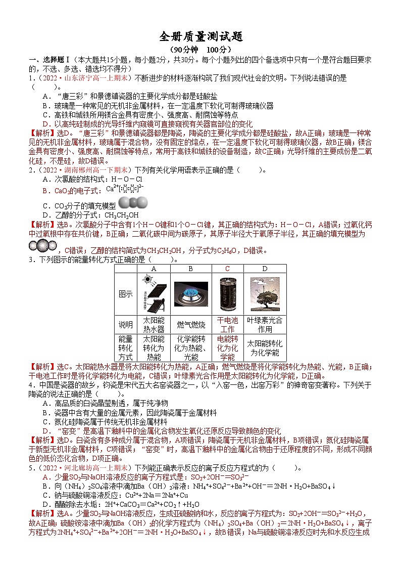 人教版2019 高中化学 必修2 同步检测 全册质量测试题01