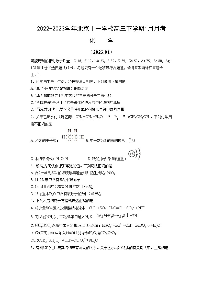 北京市十一学校2022-2023学年高三下学期1月月考化学试卷第1页