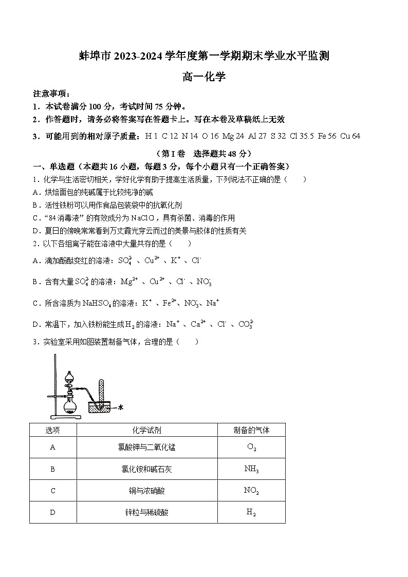 安徽省蚌埠市2023-2024学年高一上学期期末考试化学试题01