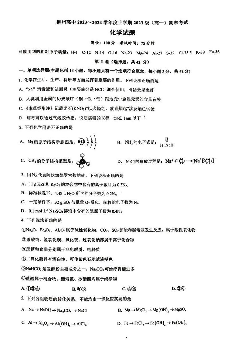 广西柳州市柳州高级中学2023－2024学年度上学期2023级(高一)期末考试化学试题第1页