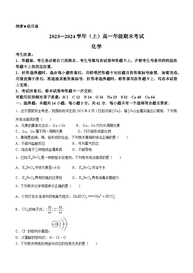 河南省濮阳市2023-2024学年高一上学期期末考试化学试题(无答案)01