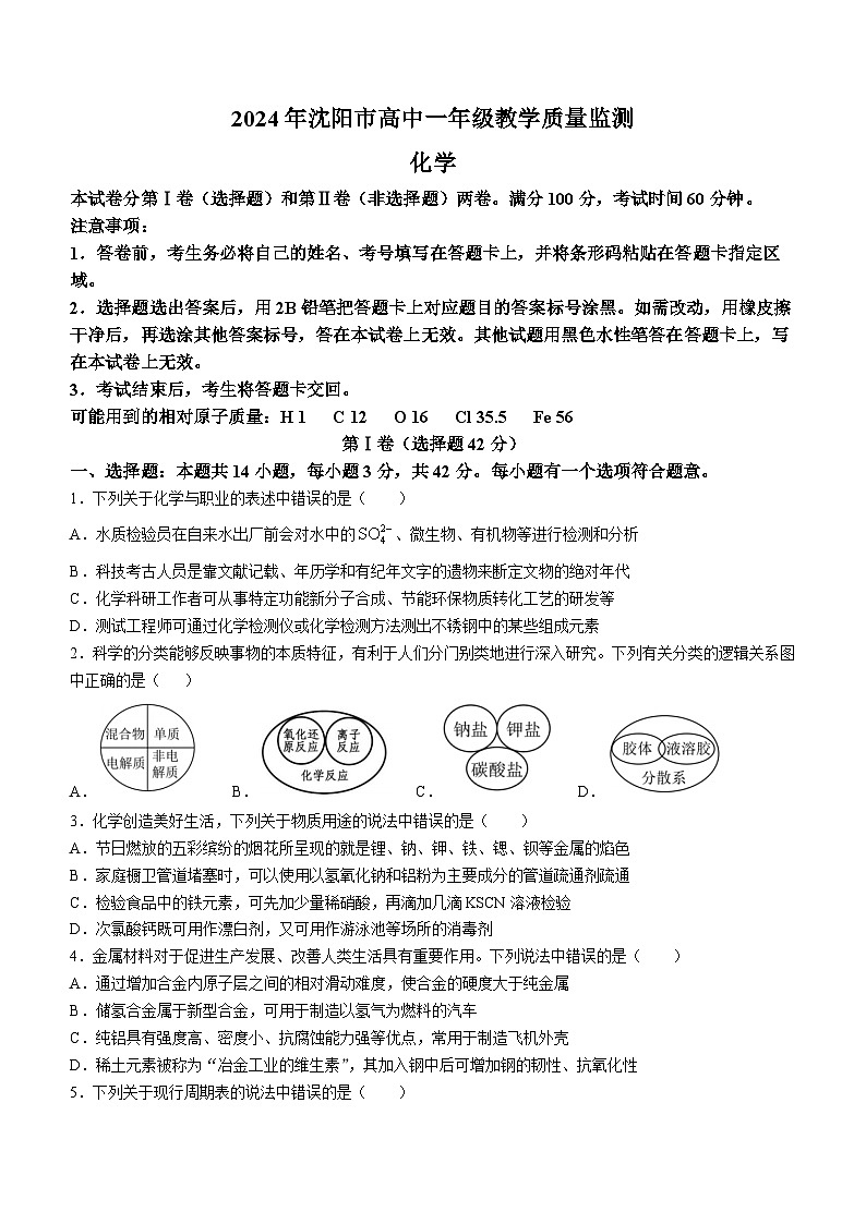 辽宁省沈阳市2023-2024学年高一上学期期末考试化学试题01