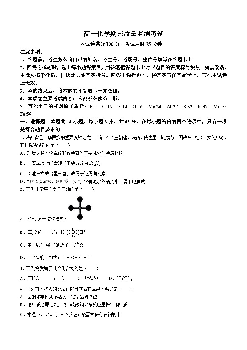 陕西省+西安市第三十八中学2023-2024学年高一上学期1月期末化学试题01