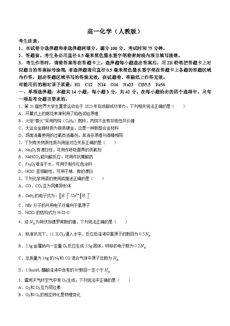 安徽省阜阳市红旗中学2023-2024学年高一上学期期末考试++化学试题01