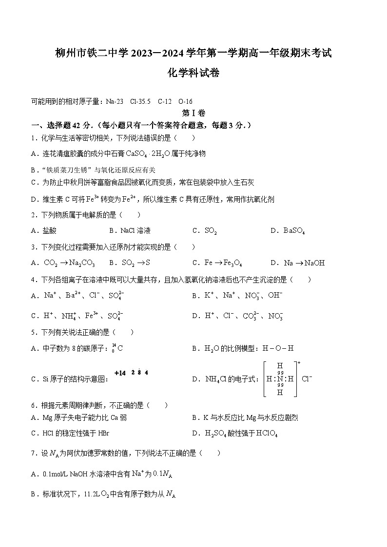 广西柳州市铁二中学2023-2024学年高一上学期期末考试化学科试卷(无答案)第1页