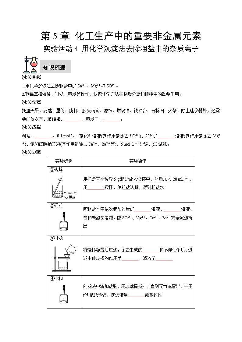 实验活动4 用化学沉淀法去除粗盐中的杂质离子（原卷版）第1页