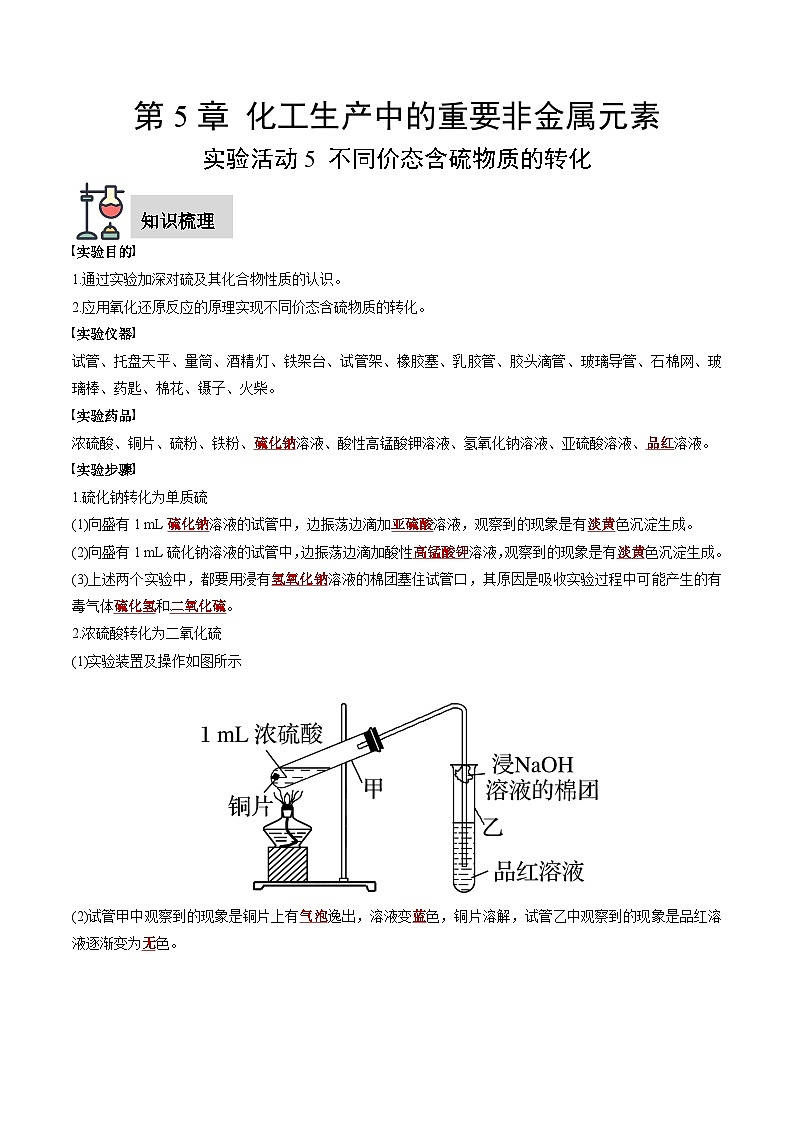 实验活动5 不同价态含硫物质的转化（解析版）第1页