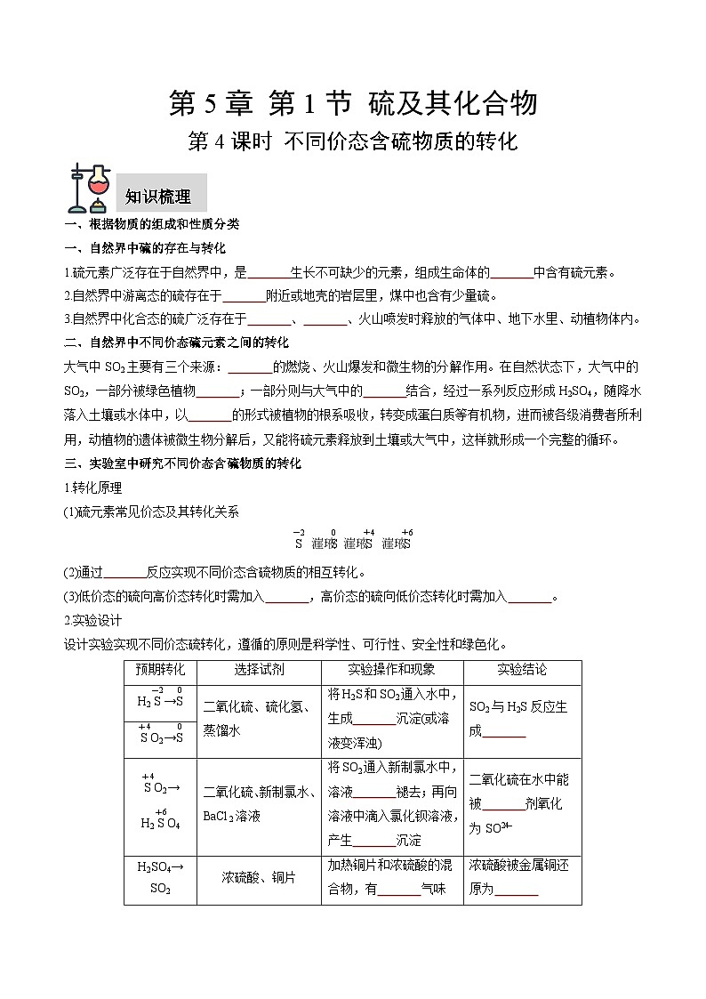 第5章 第1节 第4课时 不同价态含硫物质的转化（原卷版）第1页