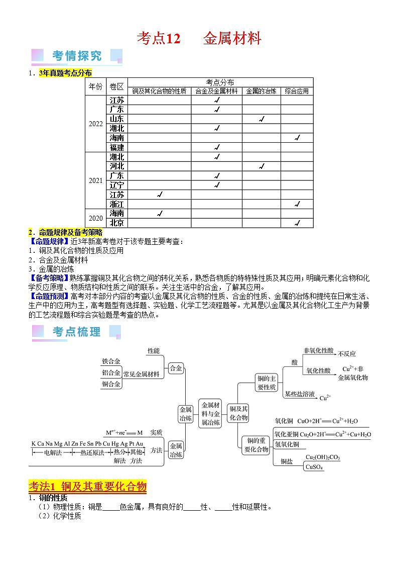 考点12  金属材料（核心考点精讲精练）-备战高考化学一轮复习（新高考专用）（学生版）第1页