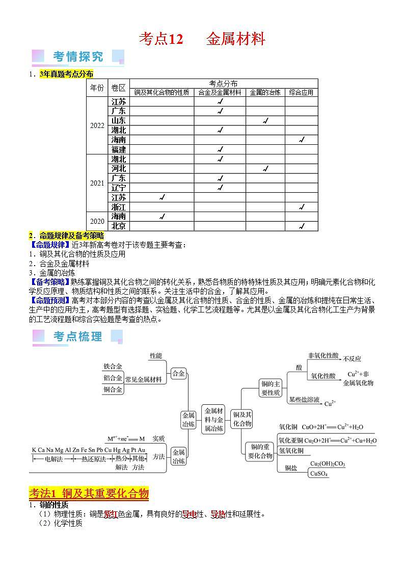考点12  金属材料（核心考点精讲精练）-备战高考化学一轮复习（新高考专用）（教师版）第1页