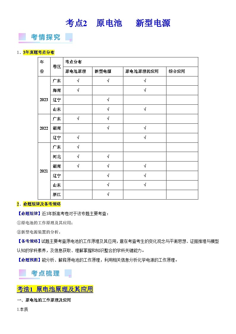 考点2  原电池   新型电源（核心考点精讲精练）-备战高考化学一轮复习（新高考专用）（教师版）第1页