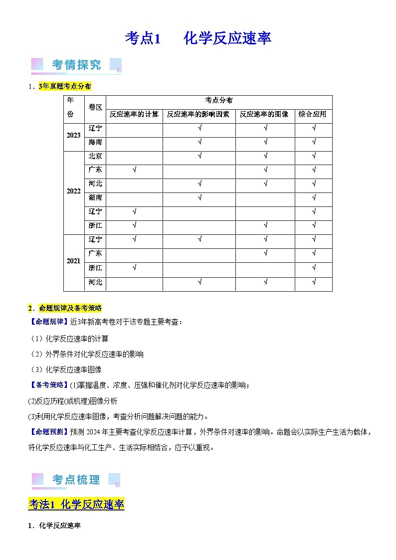 考点1  化学反应速率（核心考点精讲精练）-备战高考化学一轮复习（新高考专用）01