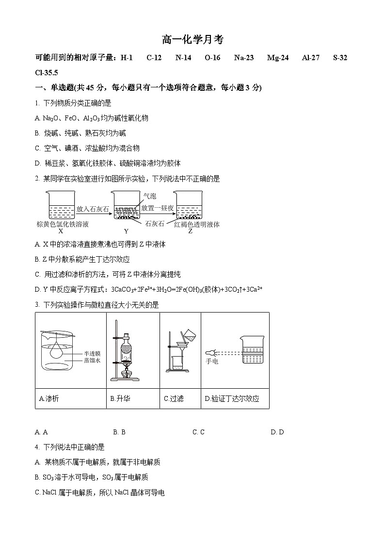 2023-2024学年湖北省武汉市武钢三中高一上学期10月月考化学试题01