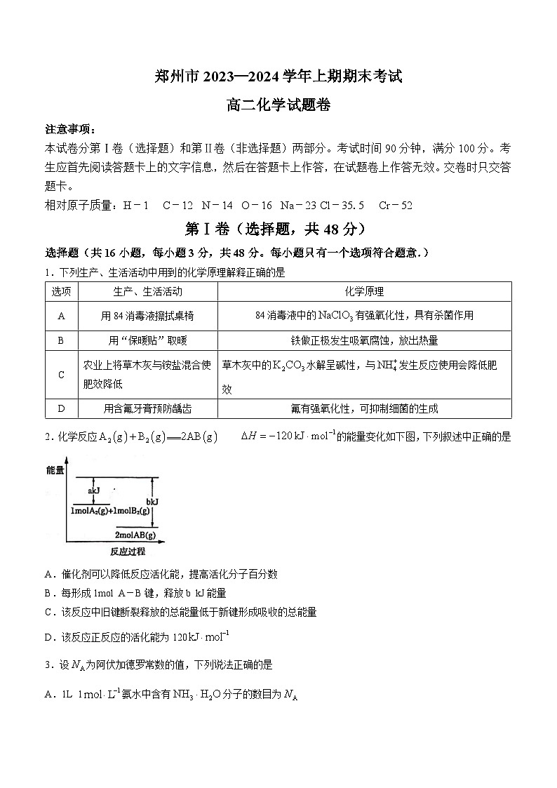 2024郑州高二上学期期末考试化学含答案第1页