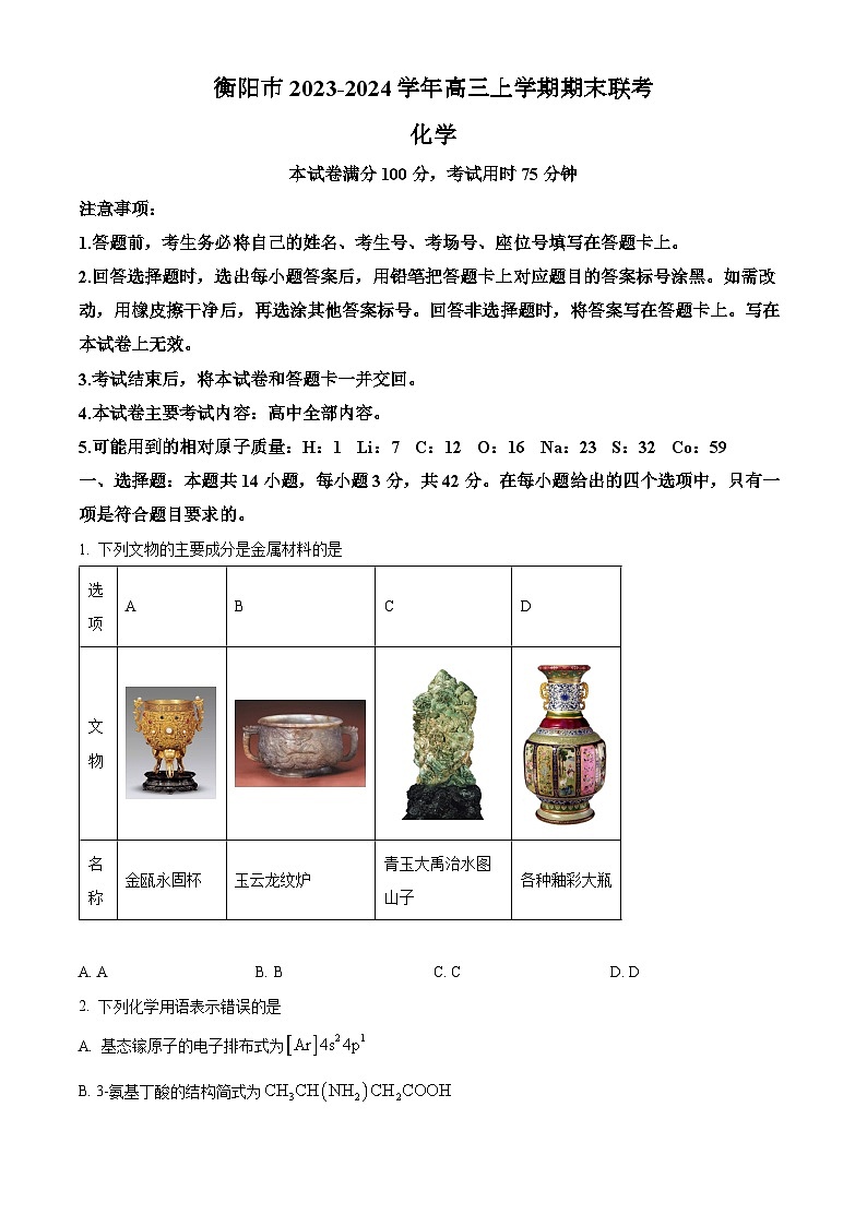 湖南省衡阳市2023-2024学年高三上学期期末联考化学试题（原卷版）第1页