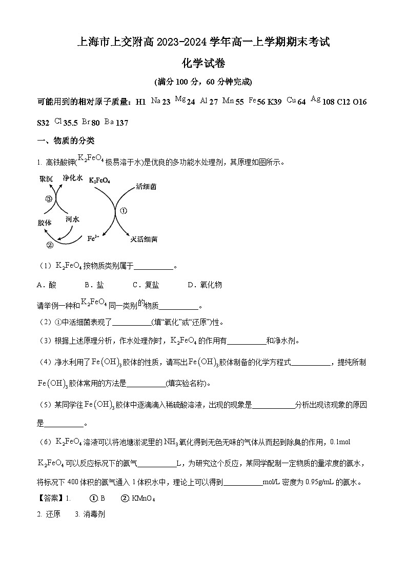 上海市上交附高2023-2024学年高一上学期期末考试化学试卷（原卷版+解析版）01