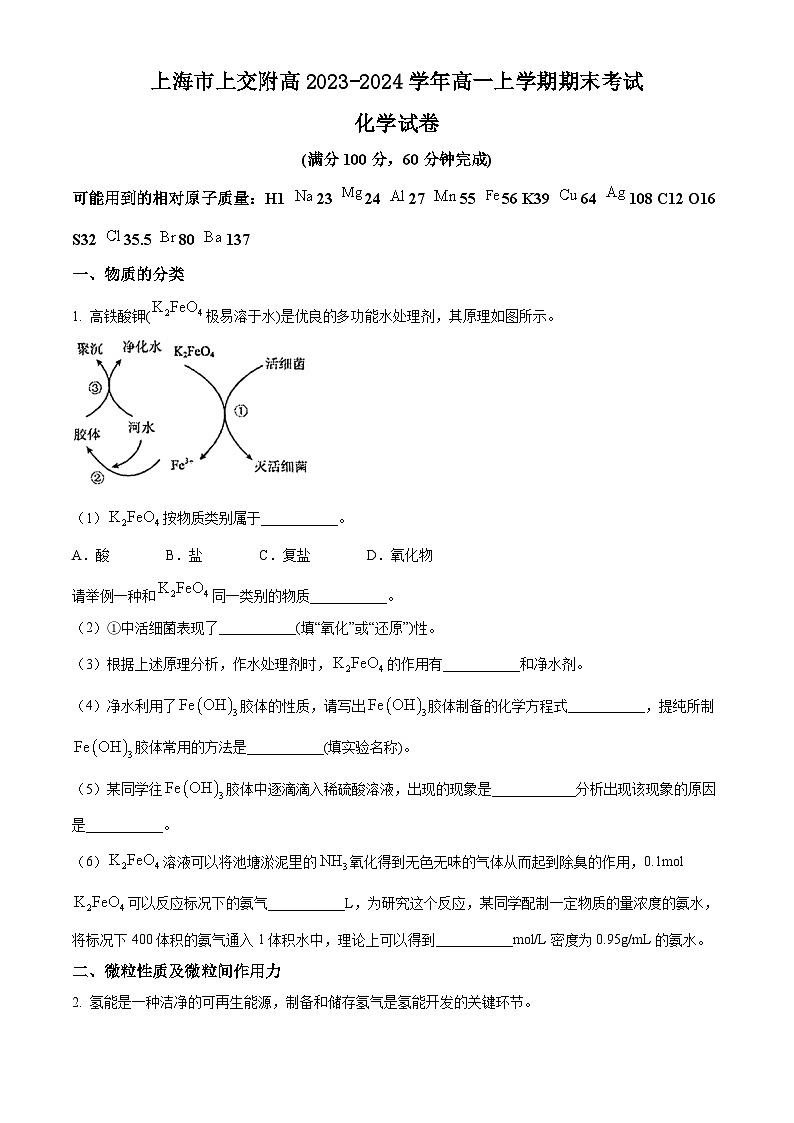 上海市上交附高2023-2024学年高一上学期期末考试化学试卷（原卷版+解析版）01