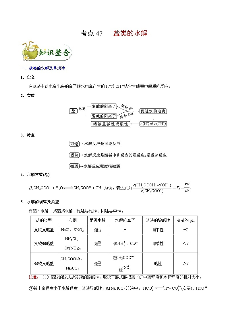 专题复习 高考化学 考点47 盐类的水解  讲义01