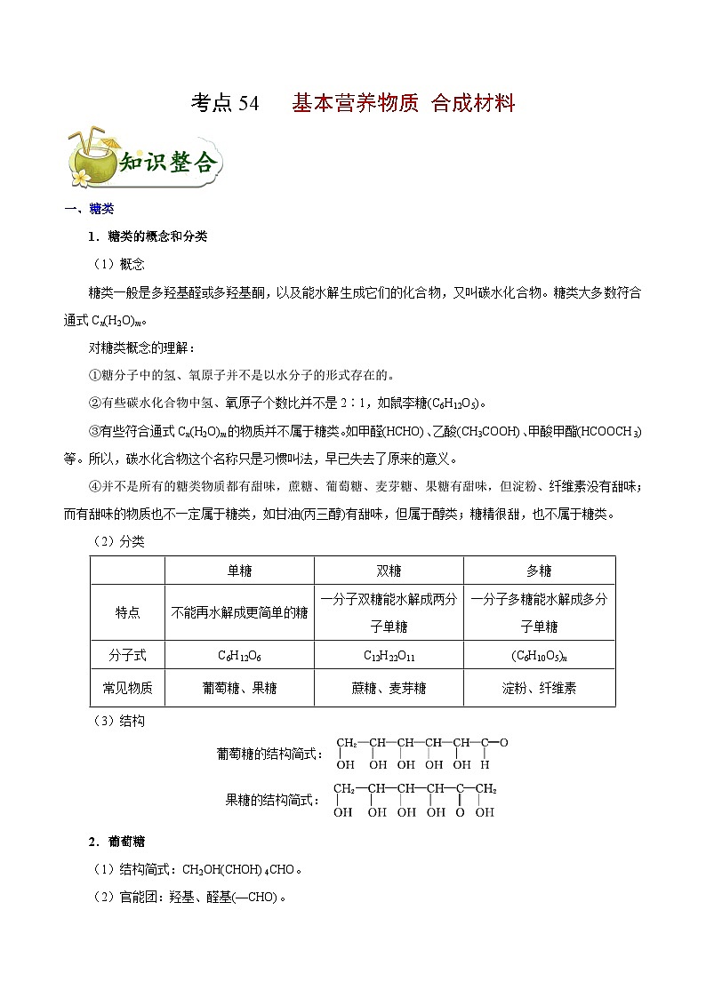 专题复习 高考化学 考点54 基本营养物质 合成材料  讲义01