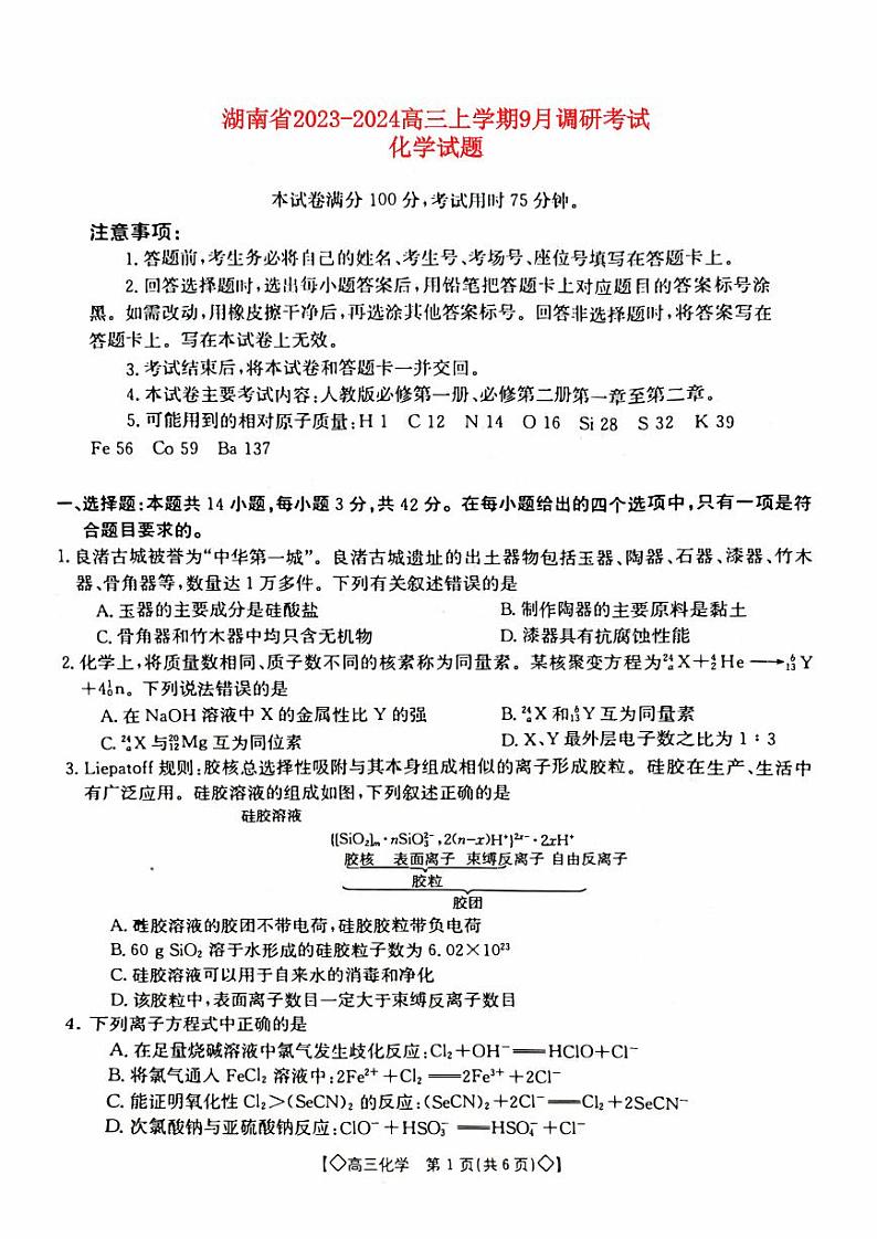 湖南省2023_2024高三化学上学期9月调研考试试题01