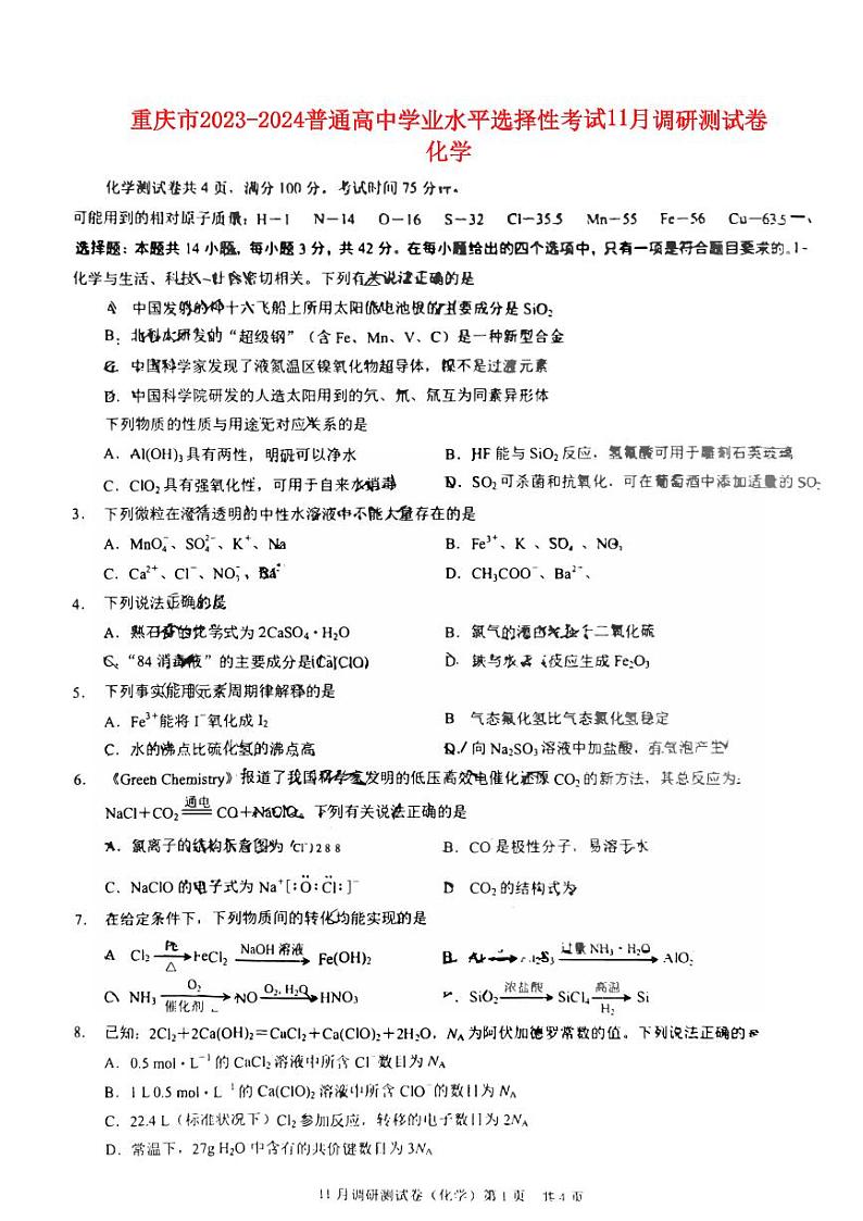 重庆市普通高中2023_2024高三化学11月学业水平选择性考试试题01