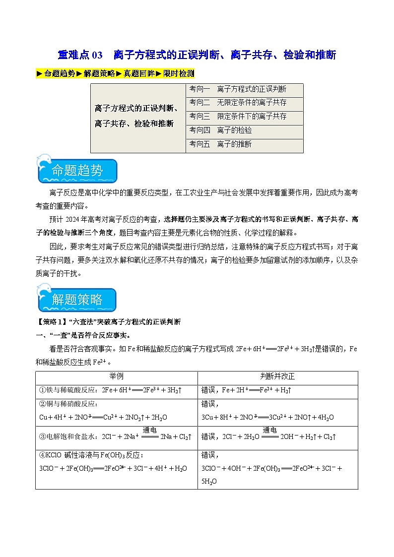 重难点03 离子方程式的正误判断、离子共存、检验和推断-2024年高考化学【热点·重点·难点】专练（新高考专用）01