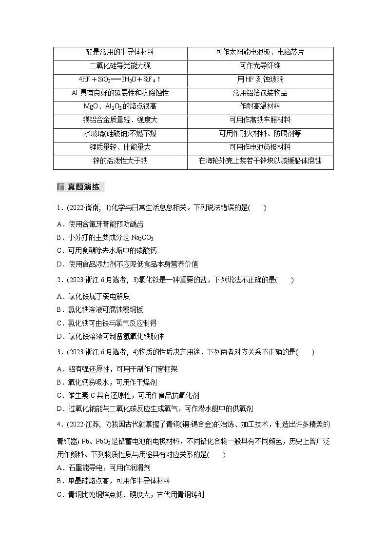 专题二　选择题专攻　3.常见无机物的性质与用途 2024年高考化学二轮复习课件+讲义02
