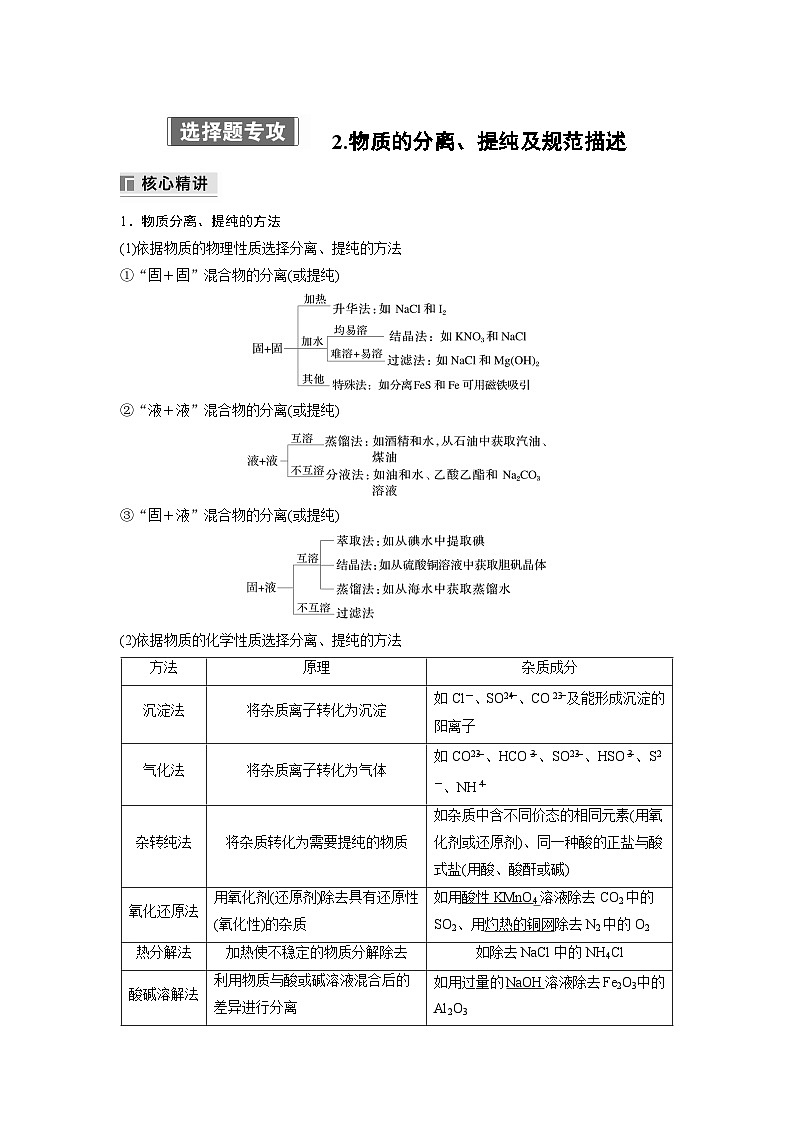 专题七　选择题专攻　2.物质的分离、提纯及规范描述 2024年高考化学二轮复习课件+讲义01