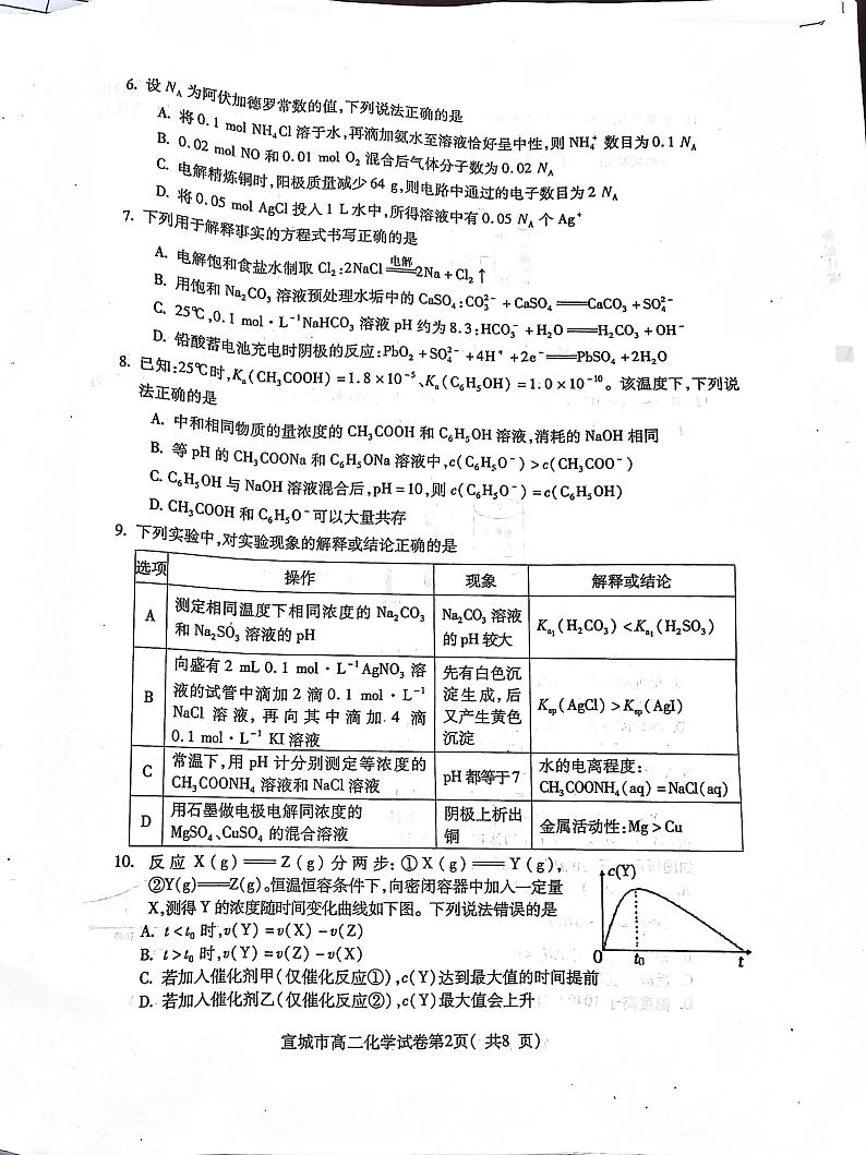 安徽省宣城市2023-2024学年高二上学期期末考试化学试卷（PDF版附答案）第2页