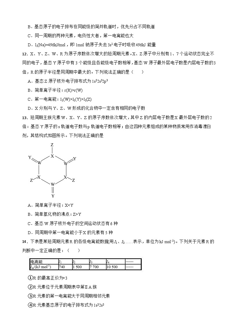 1.2 原子结构与元素的性质 同步练习 2023-2024学年高二下学期化学人教版（2019）选择性必修203