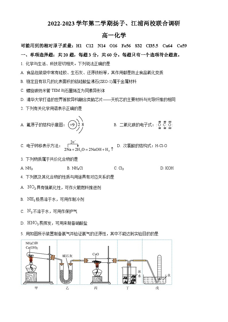 江苏省南京师范大学附属扬子中学、江浦高级中学两校高一下学期联合调研化学试题（原卷版）第1页
