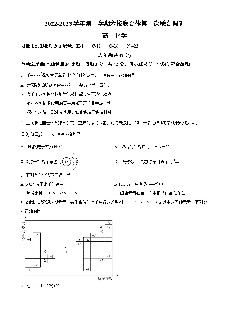 江苏省南京市六校联合体高一下学期第一次联合调研（3月月考）化学试题（原卷版）第1页